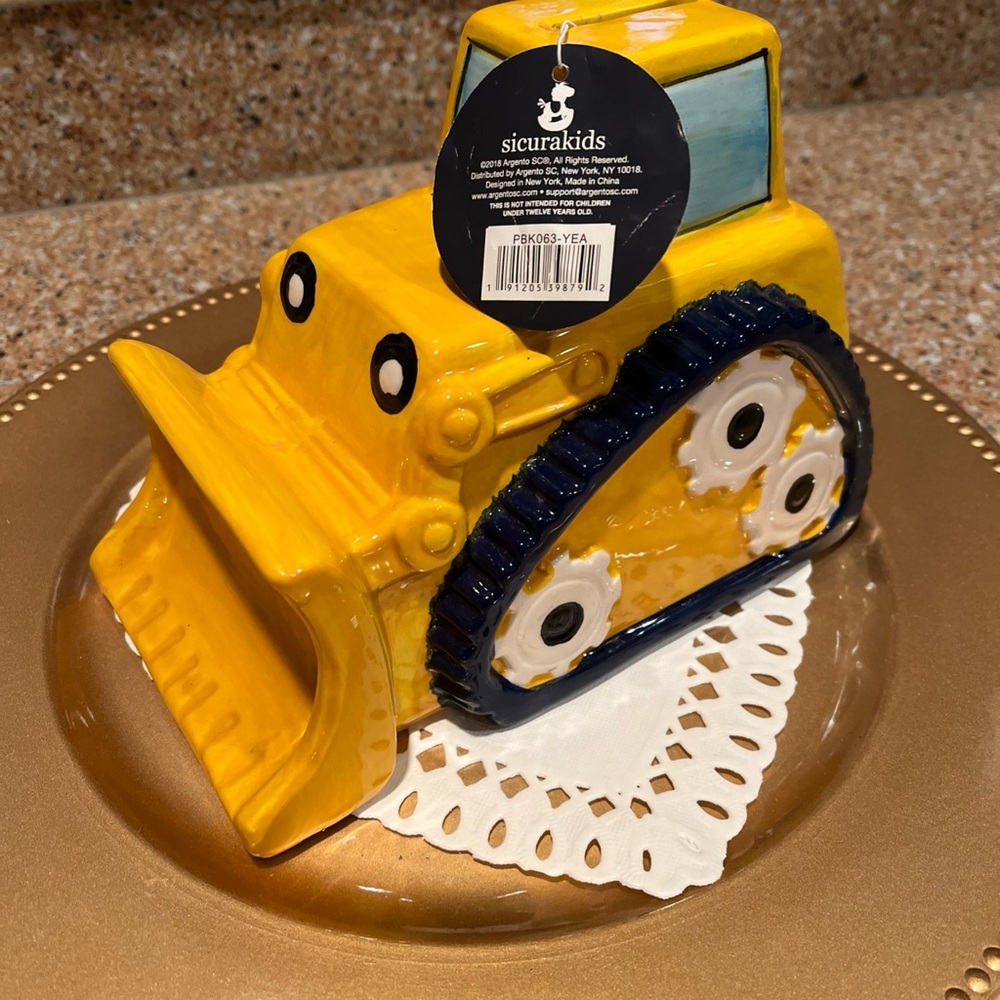 Yellow and Blue Bulldozer Coin Bank